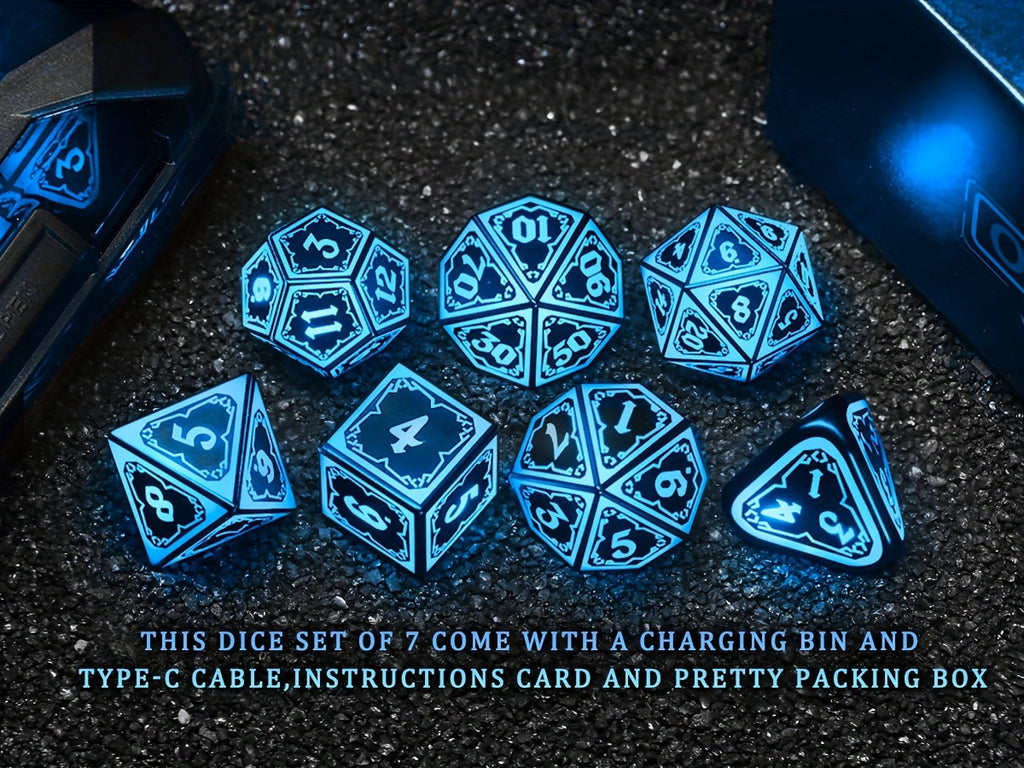 Light Up DND Dice Set with -Rechargeable Charging Case,LED DICE,D20, D12, D10, D100, D8, D6, D4 Polyhedral Dice for RPG Tabletop Games, Clear Numbers, Compatible with DND, Tabletop RPGs, Unique Dice, DND Props, Ideal Christmas, Halloween,Valentines