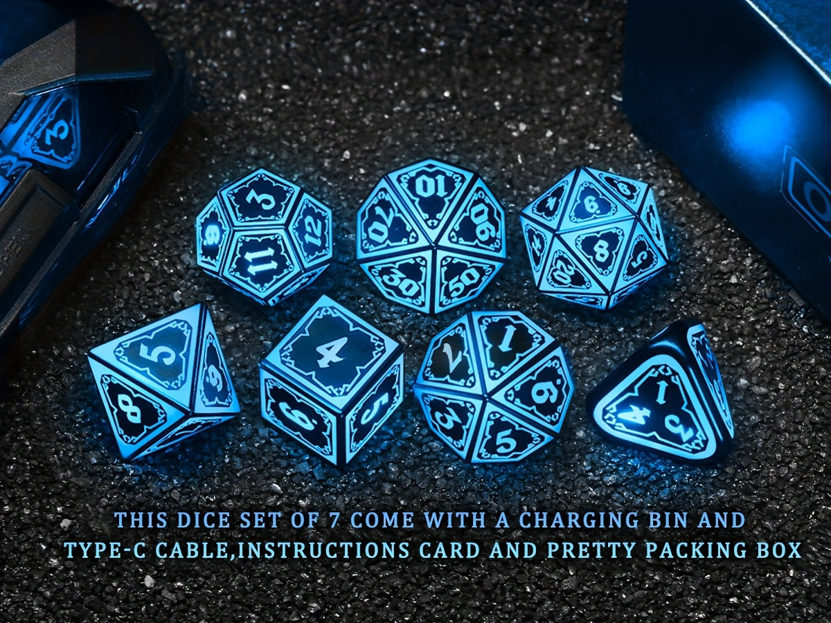 Light Up DND Dice Set with -Rechargeable Charging Case,LED DICE,D20, D12, D10, D100, D8, D6, D4 Polyhedral Dice for RPG Tabletop Games, Clear Numbers, Compatible with DND, Tabletop RPGs, Unique Dice, DND Props, Ideal Christmas, Halloween,Valentines