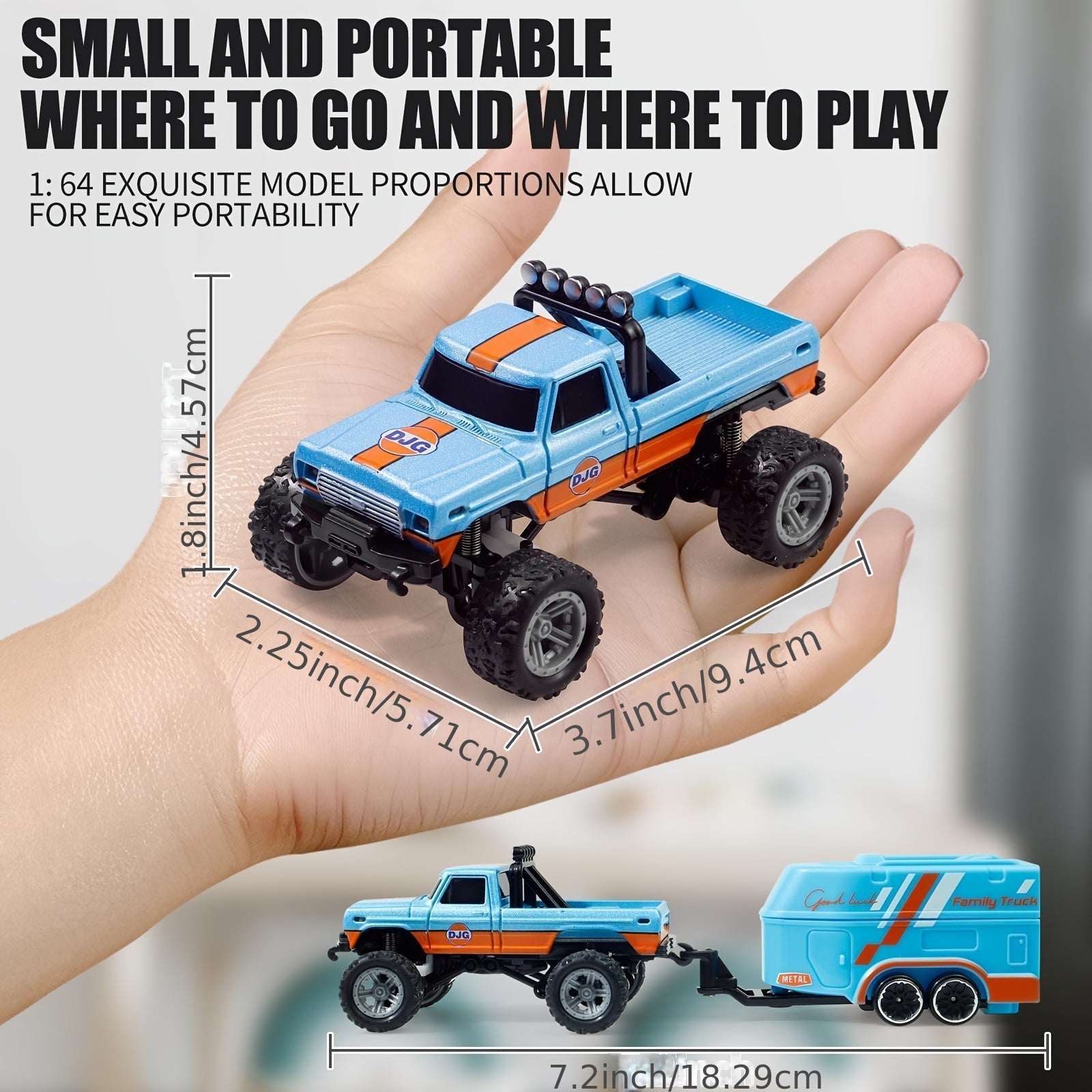 Small Die-Cast Remote-Controlled Vehicle, 1/64 Scale Mini RC Off-Road Truck with a Trailer, 2.4Ghz Climbing Vehicle, Rechargeable Die-Cast Mini RC Car with Lights, Adjustable Speed And Steering, Pocket-Sized Toy, Palm-Sized Toy