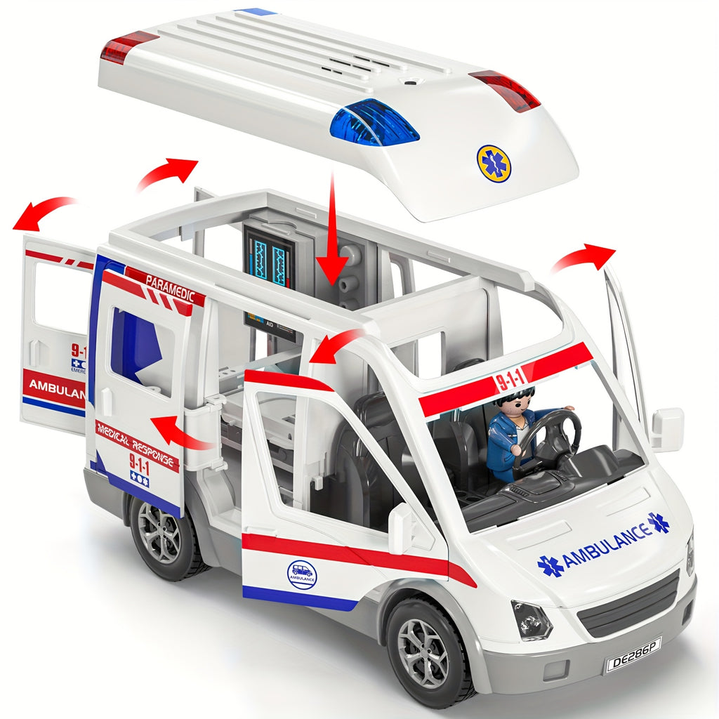 Kids' Emergency Vehicle Playset - Realistic White Ambulance with Flashing Lights & Sound, Friction-Powered, Ideal for Ages 3-8, Perfect Holiday or Birthday Gift, Playset for Youngsters|Playful Design|Durable Playset, Emergency Vehicle Playset|Playful Desi