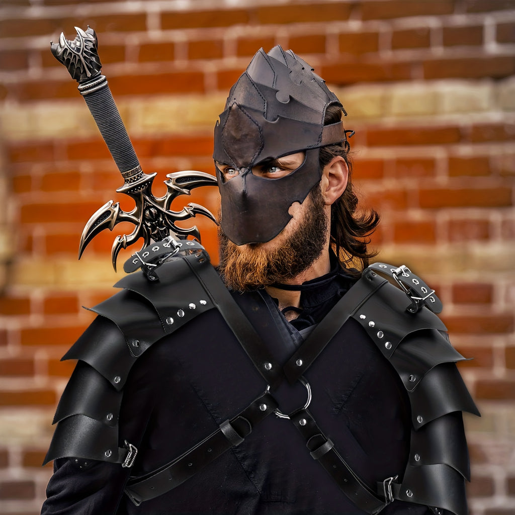 Unisex 4pcs/Set Halloween Adults PU Leather Double Shoulder Cover Cape, Faux Leather Arm Guards Medieval Knight Belt for Cosplays Men&Adult