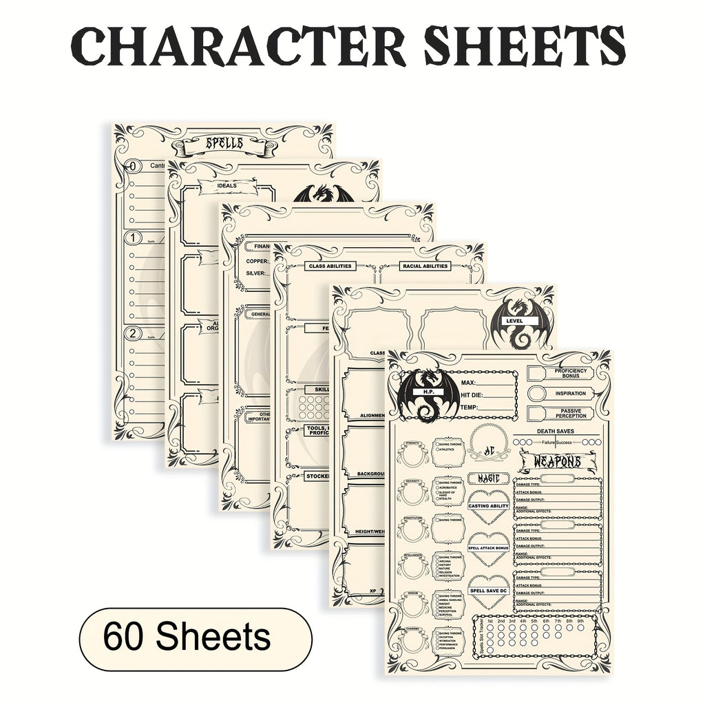 Detailed Character Tracker Sheets, Spell Sheet for Dnd 5e Campaign Player Journal, for Role Playing Games, 60 Pages A5(5.8inchx8.3inch)