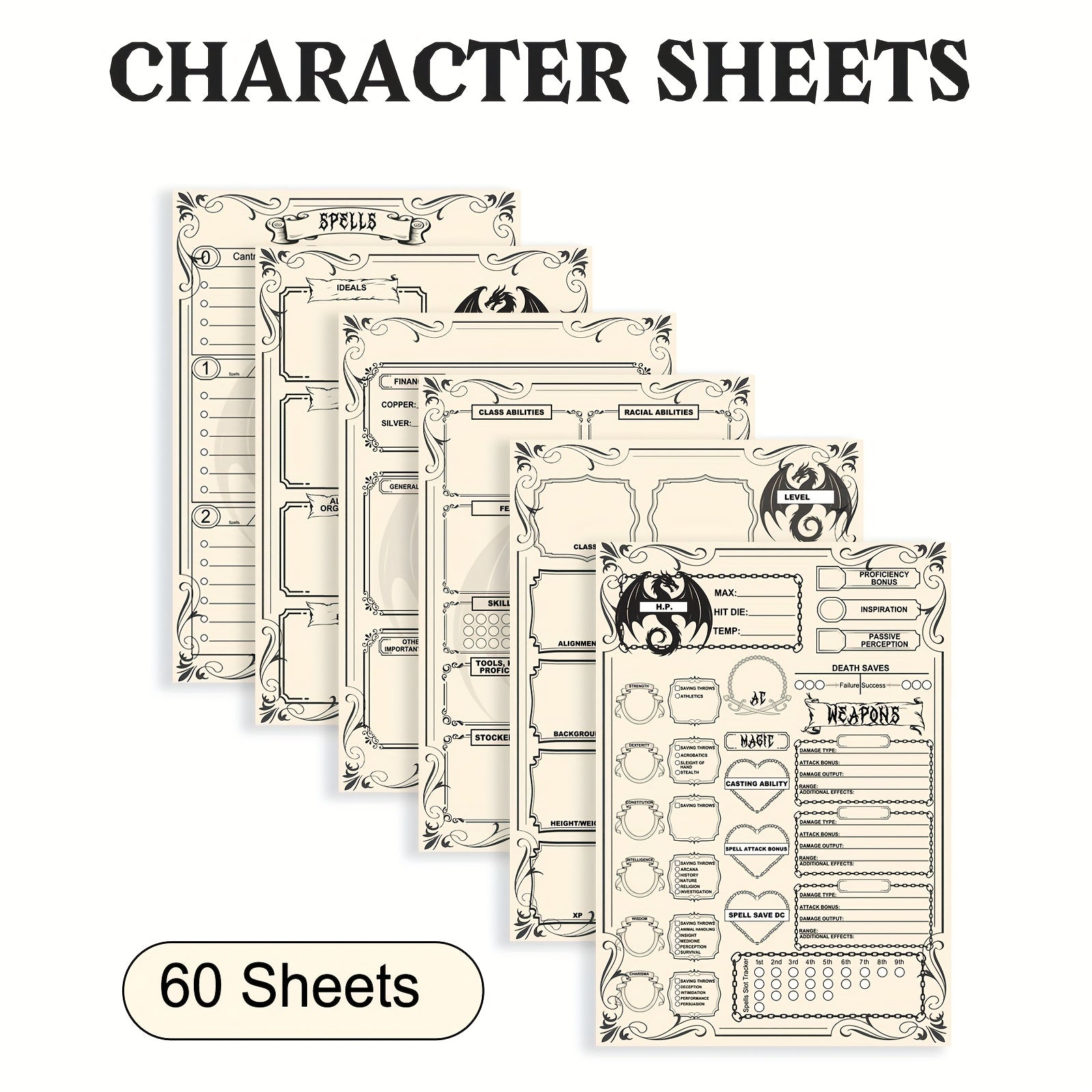 Detailed Character Tracker Sheets, Spell Sheet for Dnd 5e Campaign Player Journal, for Role Playing Games, 60 Pages A5(5.8inchx8.3inch)