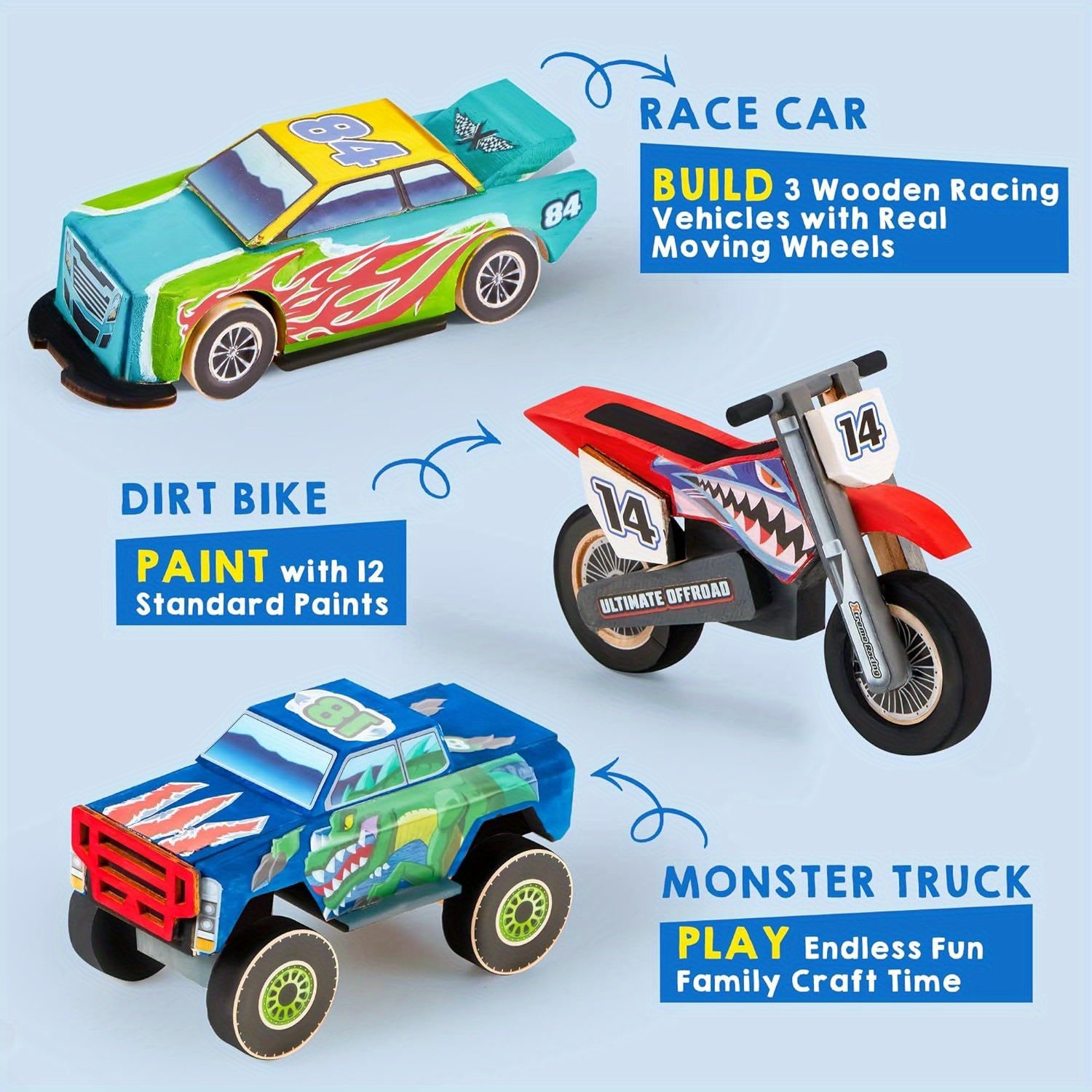 SYNCFUN Craft Set to Create And Decorate Your Own Wooden Race Car - Toy Kit for Building And Painting a Car Or Truck, Perfect Gifts for Kids