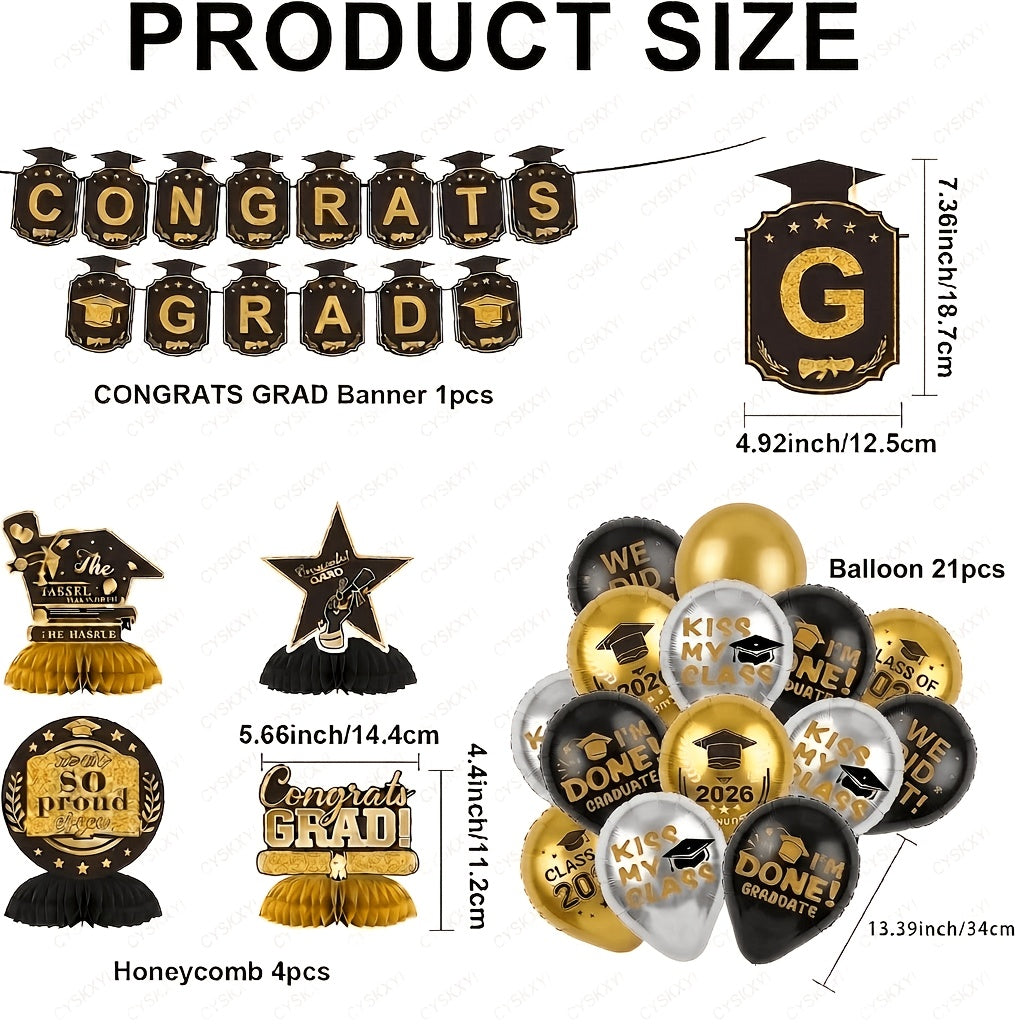 Graduation Decorations Class Of 2026, Golden Themed Graduation Decorations Set, Class Of 2026 Backdrop Banner, Graduation Hanging Swirl, Balloons And Honeycomb Supplies For Graduation Party