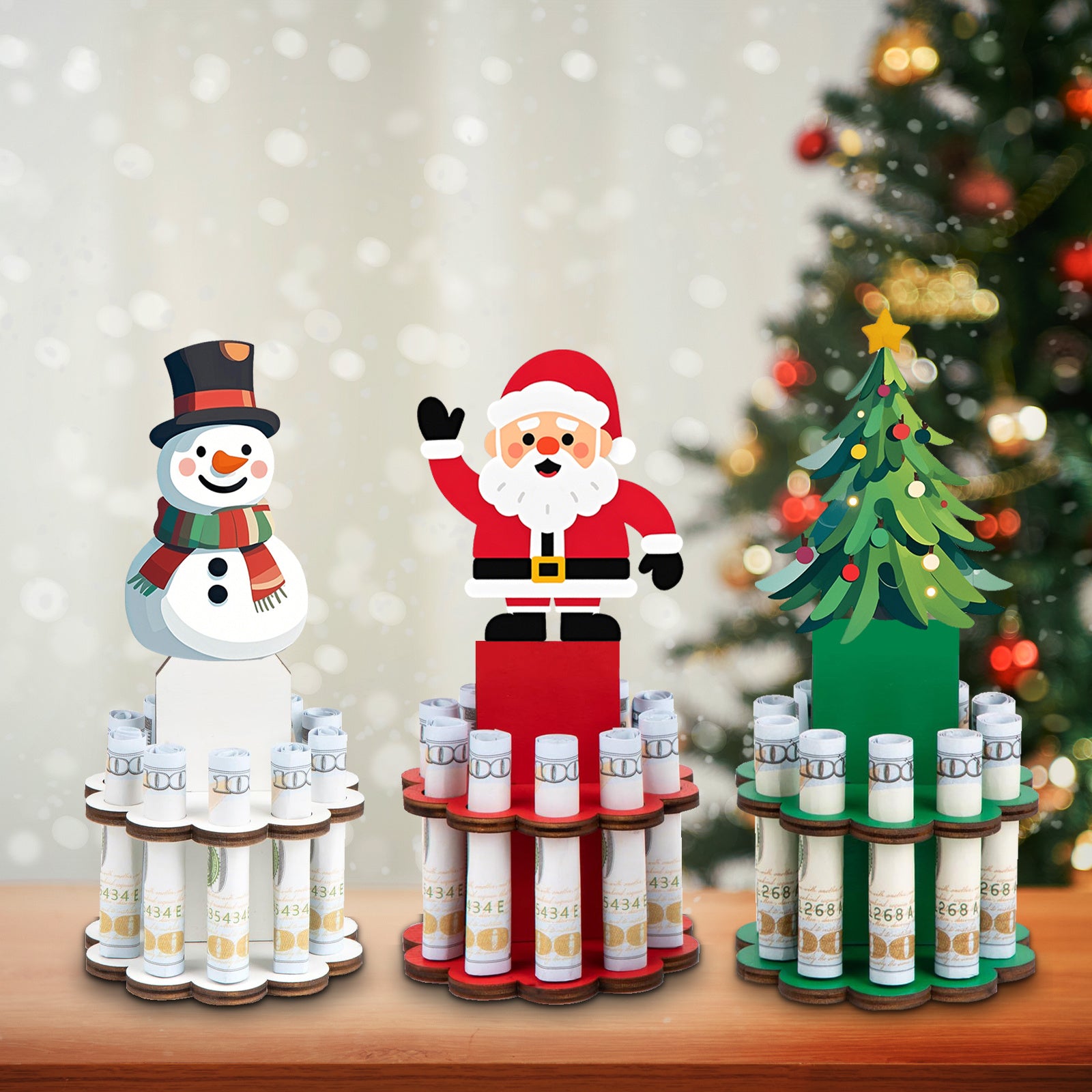3SET Christmas Money Holder, Wooden Money Holders, Christmas Ornament Money Holder with 10 Holes, Money Dispenser Christmas Money Tree Table Decor for Winter Holiday Party Favors Supplies