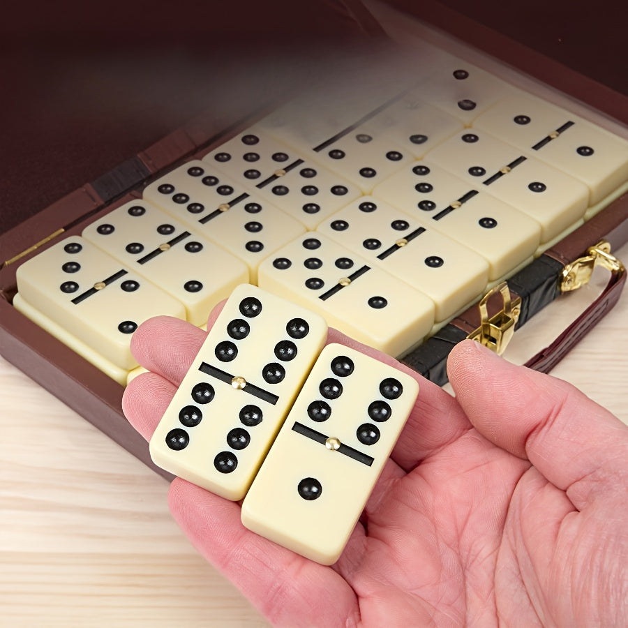 Domino Set -28 Classic Black Dominoes Boxed | Thanksgiving, Halloween, Christmas Ideal Gift | Durable Plastic Dominoes And Leather Storage Box, Portable Design Suitable for Family Games, Party Group Games. Elegant Packaging, Advanced Card Surface