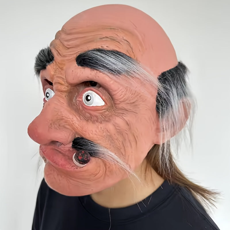 Realistic Smoking Elderly for Man Mask with Long Beard - Halloween Costume, Full Head & Facial Hair, for Cosplay, Theater, Pranks - Funny Grandpa Disguise for Adults - Costume Party Prop, Theatrical Accessory, Funky Style, Detailed Craftsmanship