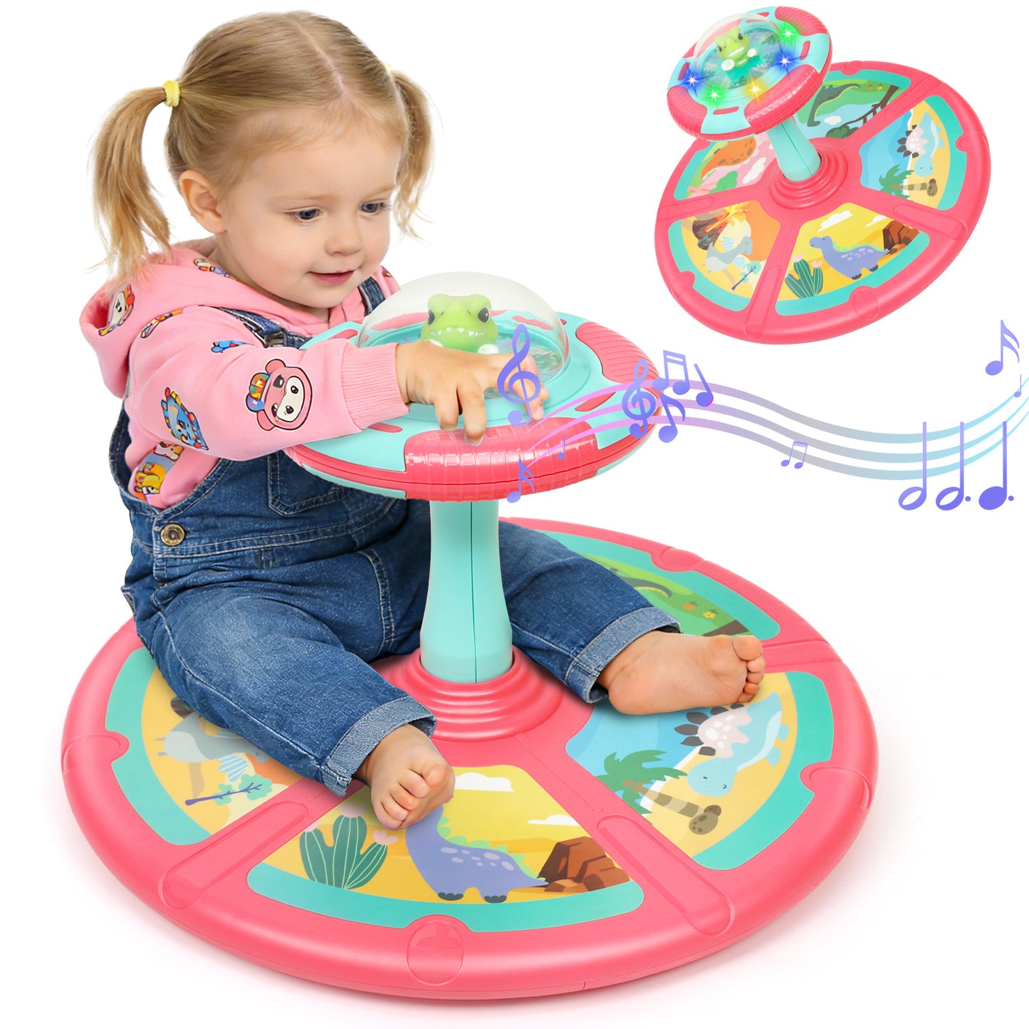 Dinosaur Sit And Spin Toy For Toddlers Girls Ages 18M+, Birthday Gift For Toddler, 360° Spin Seat Indoor Interactive Sensory Toy With Music