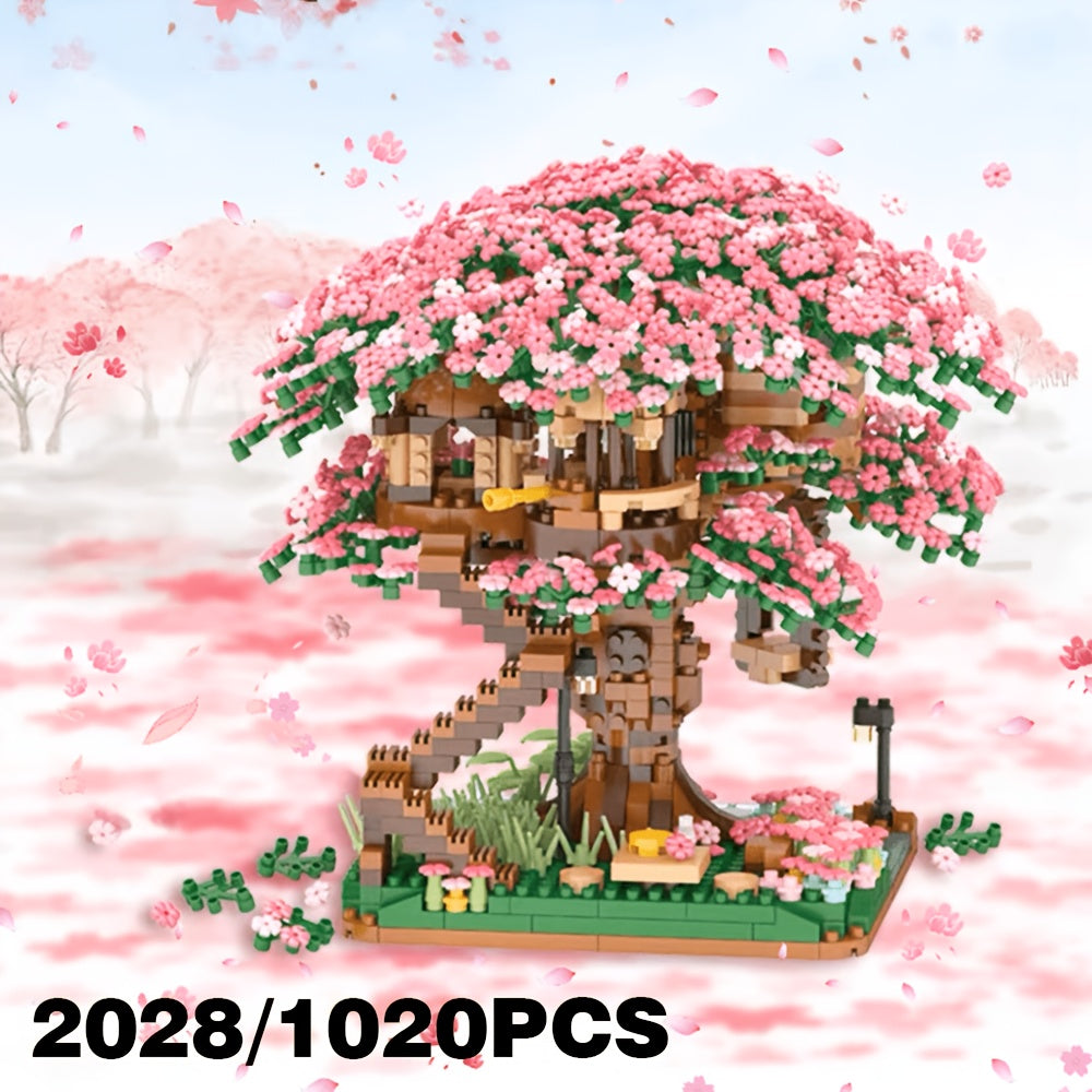 2028/1020pcs Tree House, Cherry Blossom, Eternal DIY Home Desk Decoration, Suitable for Boys And Girls, Mini Building Blocks, Assembly Set, Relax Toy, Children's Day Gift, Collectible Model Set, Living Room Decoration Building Blocks