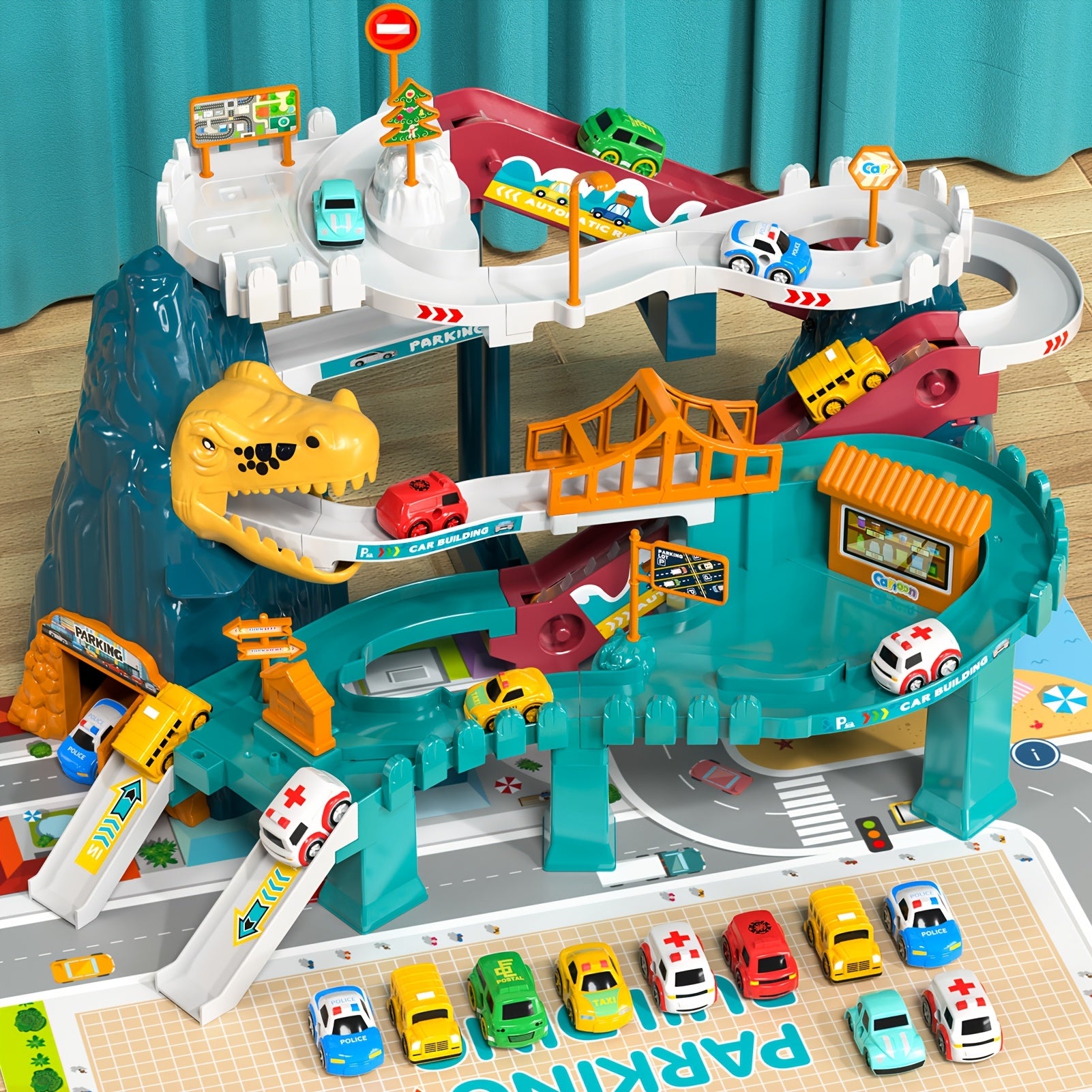 Dinosaur Race Track for Kids, Toy Car Ramp Track Dinosaur Toys Playset with 10 Cars for Kids Boys And Girls