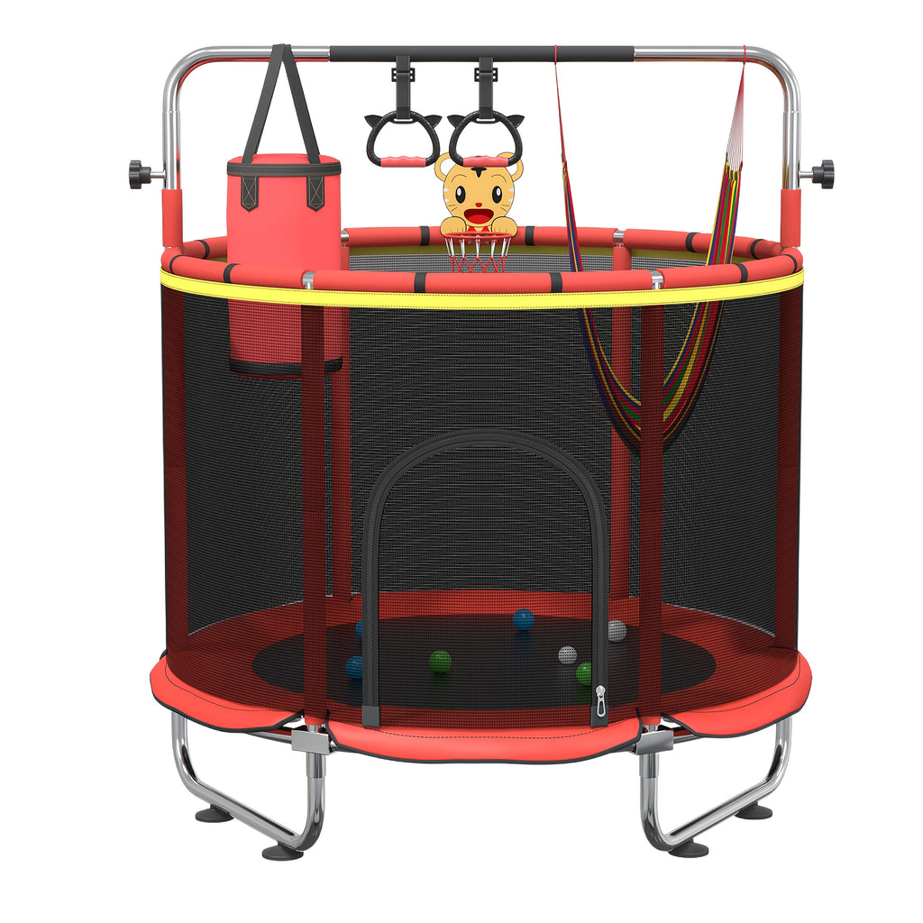 1pc 60" Height Adjustable Trampoline with Enclosure, 440Lbs Capacity Indoor & Outdoor Round Trampoline with Gymnastics Bar & Toys |Height Adjustable Trampoline |Indoor & Outdoor Trampoline