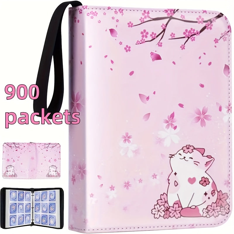 900 Pocket Zippered Collector's Album with Floral Design,- Premium PU Leather Trading Card Binder. Pink Cherry Blossom & Cat Illustration, Waterproof & Durable for Sports And Trading Game Cards