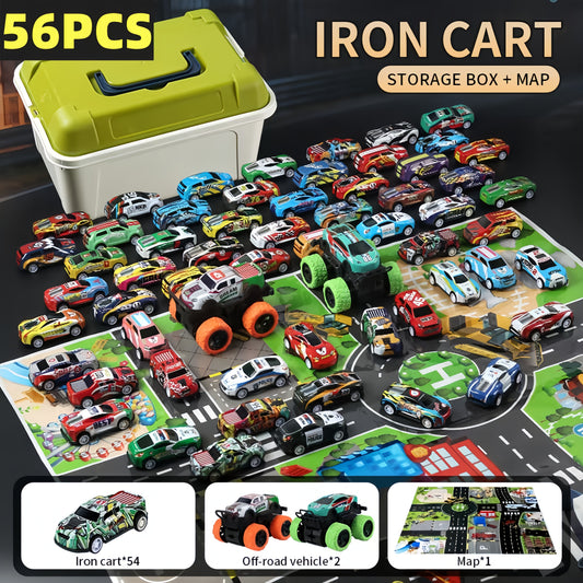 [Halloween Christmas Gift] 56pcs Mini Die-Cast Metal Car Set with Storage Box, Friction-Powered Push-Pull Toy Cars, 2 Stunt Cars - with Play Mat, Suitable for Boys And Girls Aged 3+, Multiple Colors, Halloween/Christmas Gift