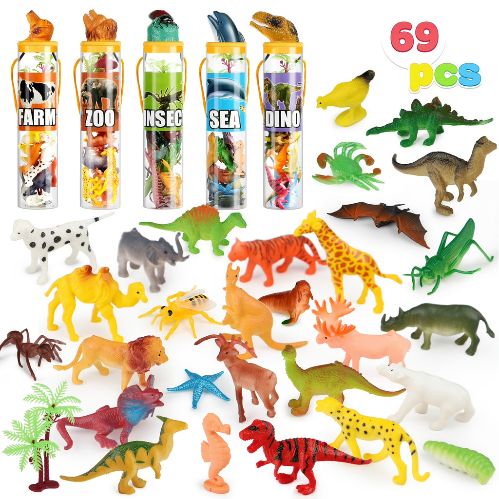69pcs Small Animal Figures Toys For Kids, 5 Animals In A Set, Nature World Animal Figures, Mini Jungle Toy Set With Sensory Bin, Realistic Wild Animal Kingdom, Zoo, Ocean, Farm Animals Figurines, Dinosaur Party Favors, Cool Christmas Birthday Gifts