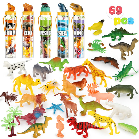 69pcs Small Animal Figures Toys For Kids, 5 Animals In A Set, Nature World Animal Figures, Mini Jungle Toy Set With Sensory Bin, Realistic Wild Animal Kingdom, Zoo, Ocean, Farm Animals Figurines, Dinosaur Party Favors, Cool Christmas Birthday Gifts