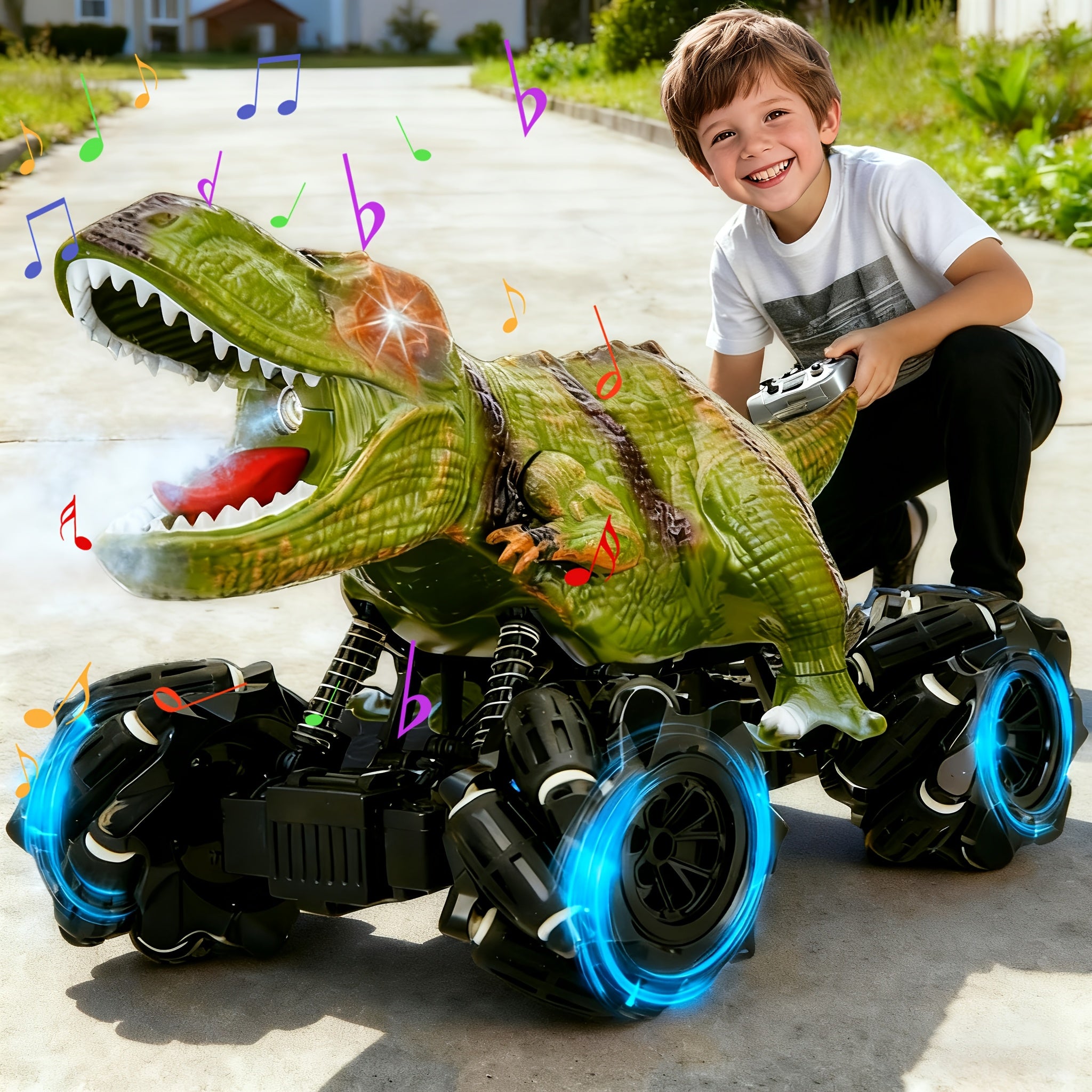 Dinosaur Stunt Remote Control Car with Lights, Sounds, And Spray Function - Monster Stunt Truck Toy Perfect for Indoor And Outdoor All-terrain Fun Durable Construction with Side-to-side Parallel Movement Ideal Birthday, Or Easter