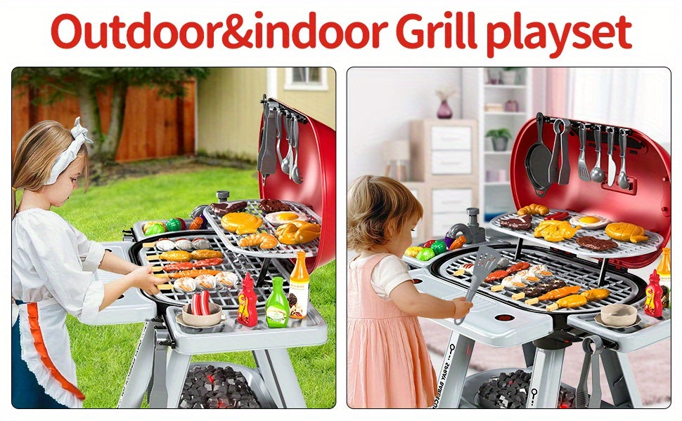 Imaginative BBQ Grill Playset for Kids, Two-Tier Structure, Includes Toy Food Items Like Meats, Fruits, Spices, And a Functional Water Tap, Suitable for Girls Aged 3 And Up