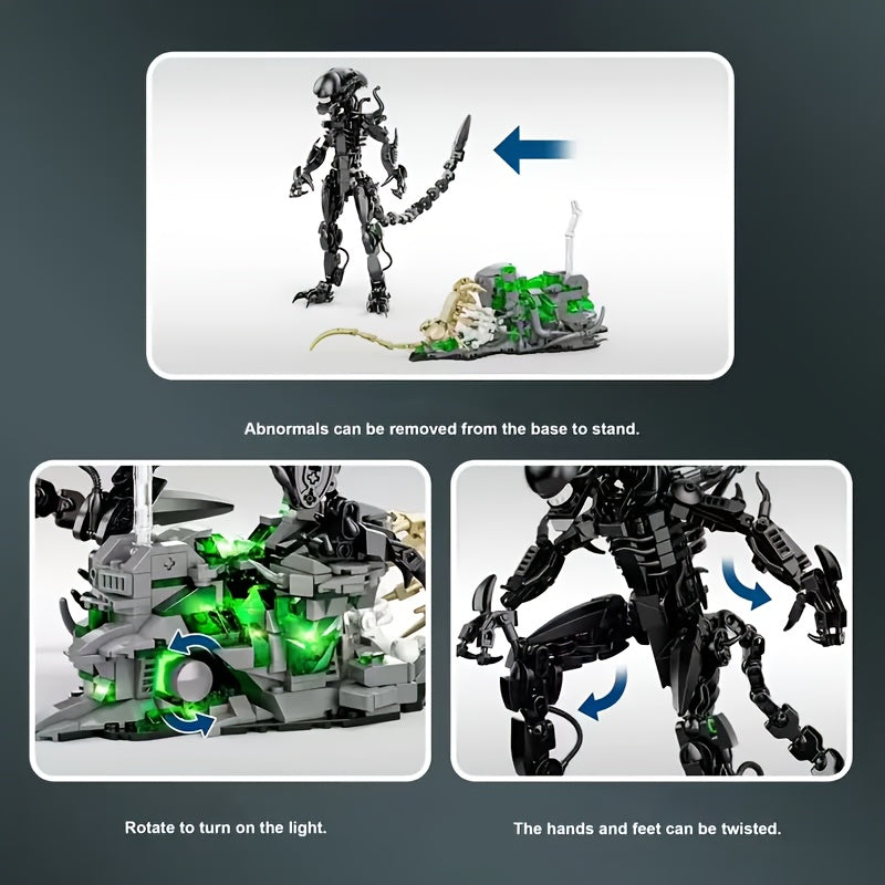 958+Pcs Cool Alien Building Block Set, Assembly of Sci-Fi Movie Battle Character Models in Black ABS, Christmas Gift