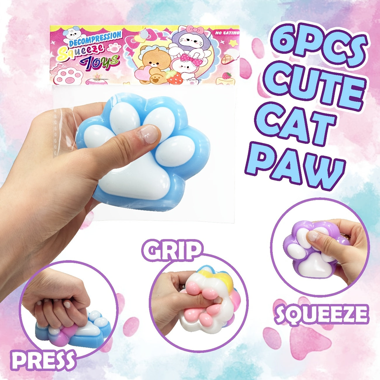 6pcs Colourful Taba Squishy Paw Sticky Squeeze Cat Paw, Handmade Soft Sticky Toys, Cute Fufu Squishy Fidget Toys for Kids Adults(1 Blue&Purple&Pink&White And 2 Colorful Paws)Multi-Item Party Favor Packs for Christmas Easter Halloween Valentine's Day