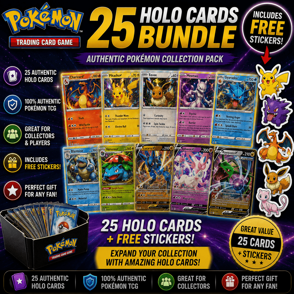 25 Pokémon Holo Cards Bundle with Free Stickers | Authentic Pokémon Trading Card Collection Pack