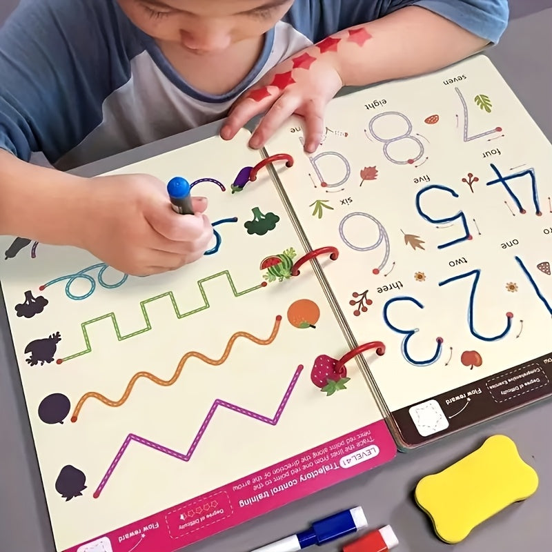 64 pages, 8 pens, writing and drawing set, magic practice handwriting book set, suitable for children aged 3-8 - enhances writing skills, comes with erasable pens and refills, educational drawing and pen control workbook, essential for early learning