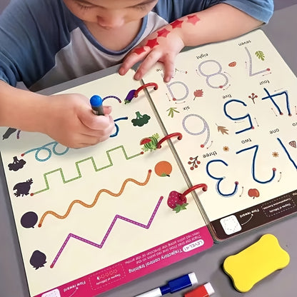 64 pages, 8 pens, writing and drawing set, magic practice handwriting book set, suitable for children aged 3-8 - enhances writing skills, comes with erasable pens and refills, educational drawing and pen control workbook, essential for early learning