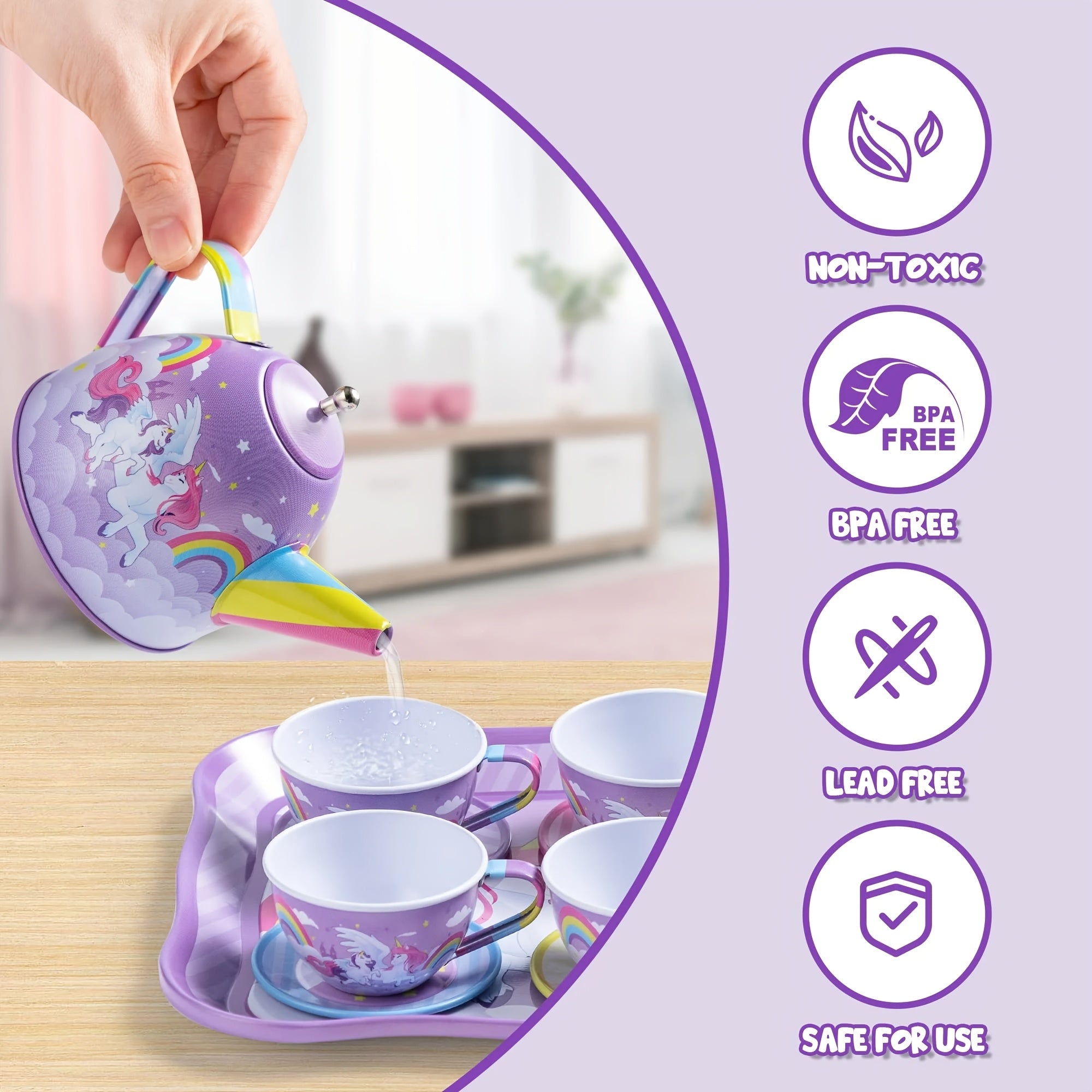 Unicorn Princess Tea Party Set For Little Girls: Purple Tin Teapot + Cups + Plates, Pretend Play Kitchen Toys For Kids, Perfect Easter/Birthday Gift For Kids Girls, Multi-Item Party Favor Packs For Children