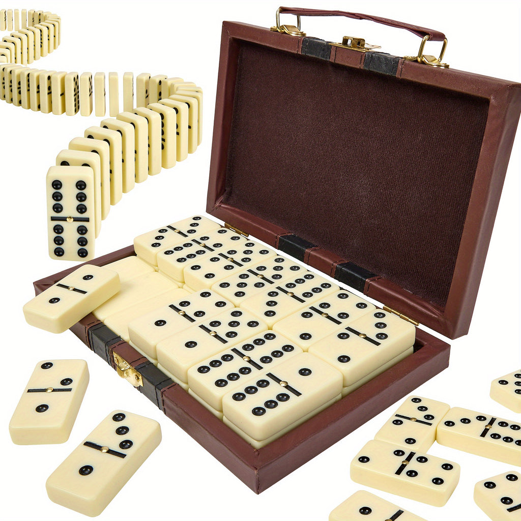 Domino Set -28 Classic Black Dominoes Boxed | Thanksgiving, Halloween, Christmas Ideal Gift | Durable Plastic Dominoes And Leather Storage Box, Portable Design Suitable for Family Games, Party Group Games. Elegant Packaging, Advanced Card Surface