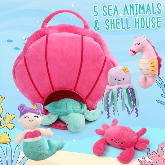 BenBen Ocean Stuffed Animal, 5PCS Small Sea Creature Plush Toys, Shell Carrying Bag Set, Cute Plushies for Baby Kids, Sea Turtle, Octopus, Mermaid, Seahorse, Crab, Girls Birthday Gifts, Christmas Gift