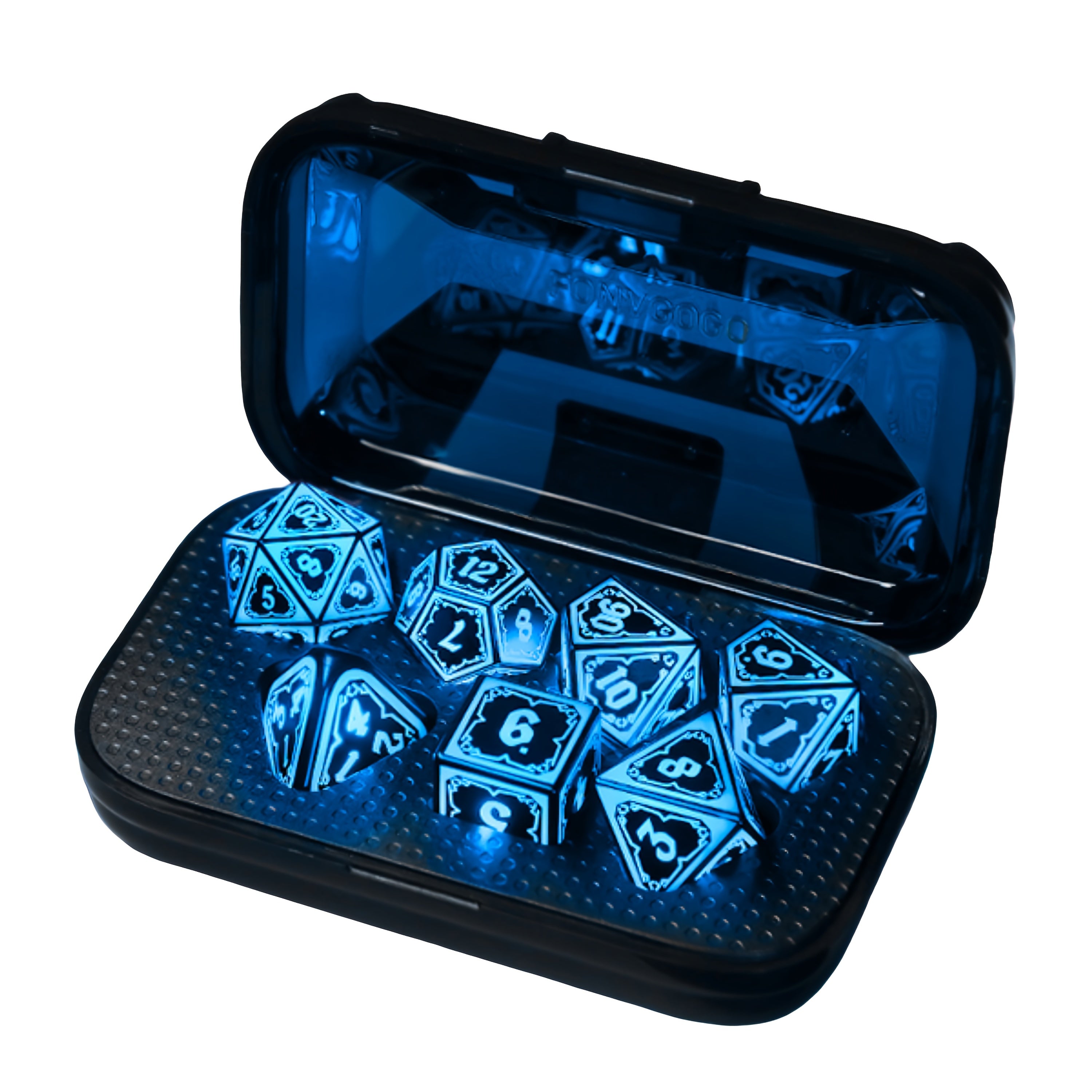 Light Up DND Dice Set with -Rechargeable Charging Case,LED DICE,D20, D12, D10, D100, D8, D6, D4 Polyhedral Dice for RPG Tabletop Games, Clear Numbers, Compatible with DND, Tabletop RPGs, Unique Dice, DND Props, Ideal Christmas, Halloween,Valentines