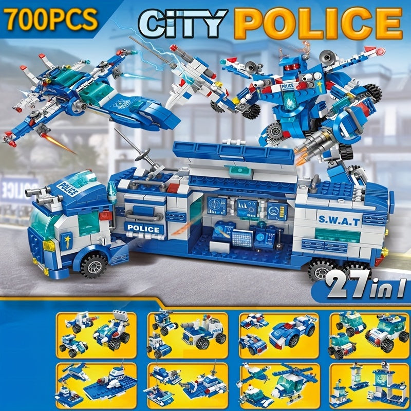 [24H Ship] 700pcs Department Car Building Blocks, City Patrol Police Toy, Vehicle Truck Action Figures Brick Toys For Children, Role-Play Toys For Boys, Halloween, Thanksgiving Day, Christmas Gift, Random Ship With Blue/ Black Color