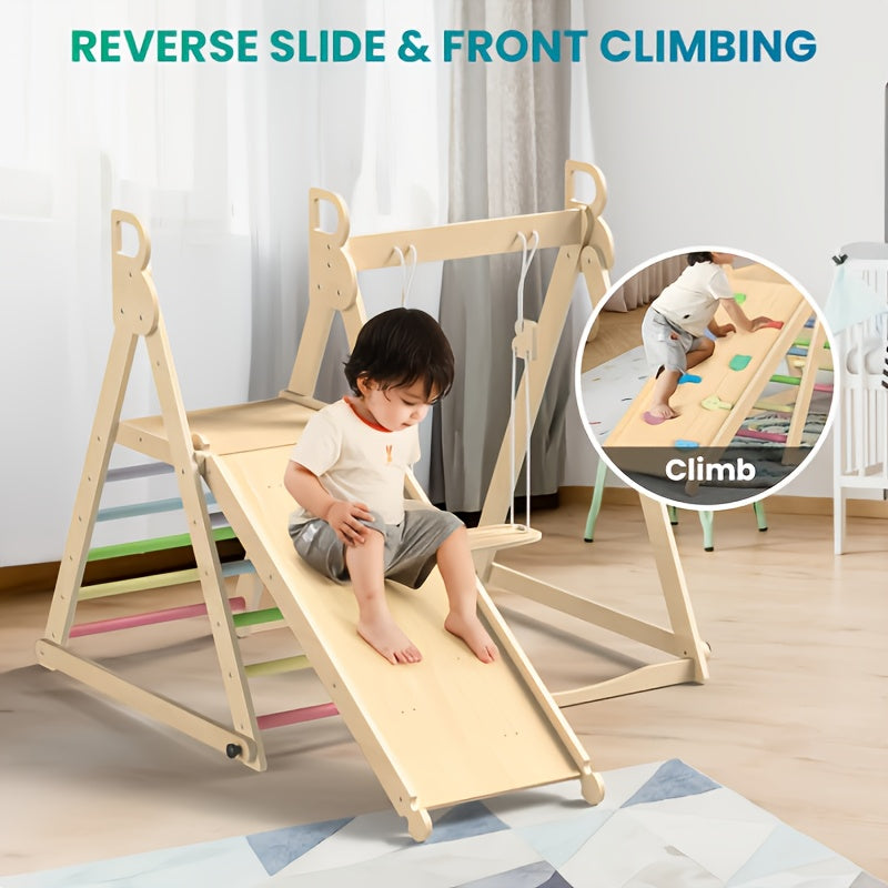 5-in-1 Foldable Indoor Jungle Gym for Toddlers Wooden Climbing Set with Slide, Swing, Ladder, Toddler Playground Playset for Kids 708.66inch+, Cognitive Development, Coordination (Rainbow, Blue).