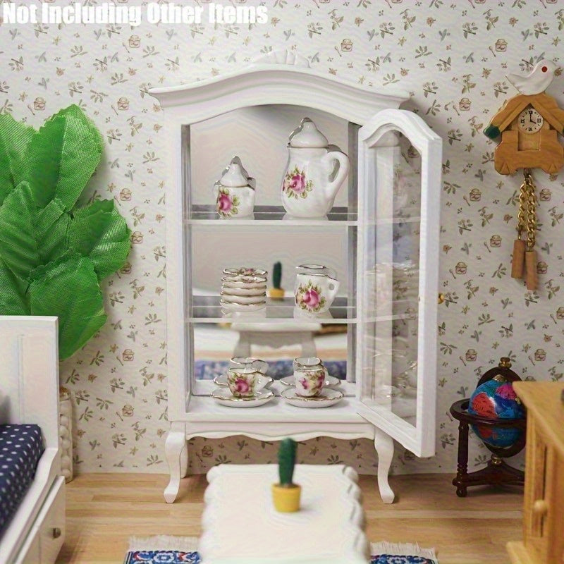 Scale White Artificial Wooden Mini Display Cabinet Model, with Mirror And 3 Glass Front Shelves - Suitable for Dollhouse Decoration, Photography Props, Weddings, And Living Room Scenes, Making It an Excellent Gift