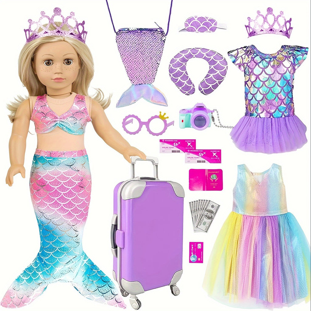 18 Inch Doll Clothes.(No Doll)And Accessories Mermaid Dress Luggage Case Travel Play Set Include Suitcase, Dresses, Bag, Camera, Glasses, Pillow, Eyeshade.Christmas Gift for Ages 3+