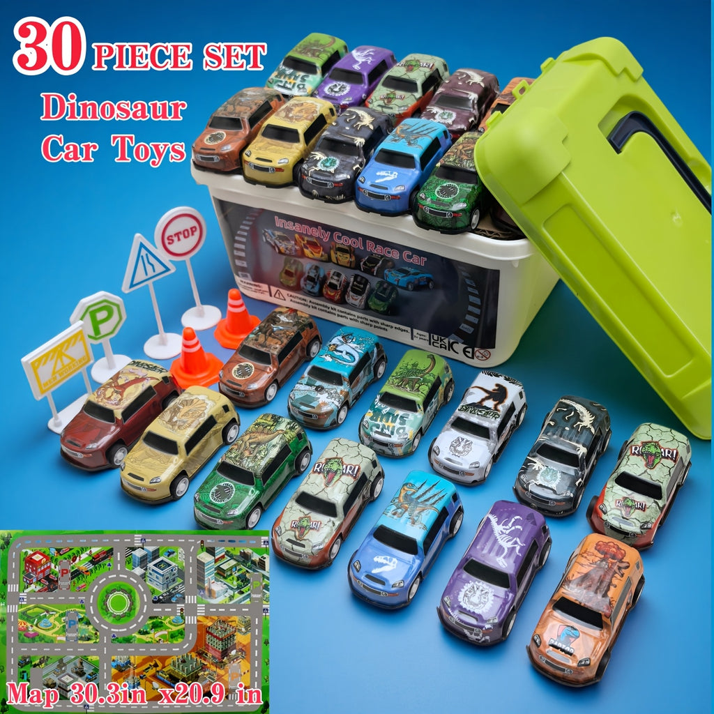 [Christmas New Year] 30pcs Dinosaur Toy Car Set with T Rex Spinosaurus Brachiosaurus Pterodactyl Figures Mini Pull Back Racing Cars Includes 1 City Traffic Map 30.3x20.9 Inches School Activity Prizes for Boys Girls Kids 3+ Random Styles Perfect Christmas