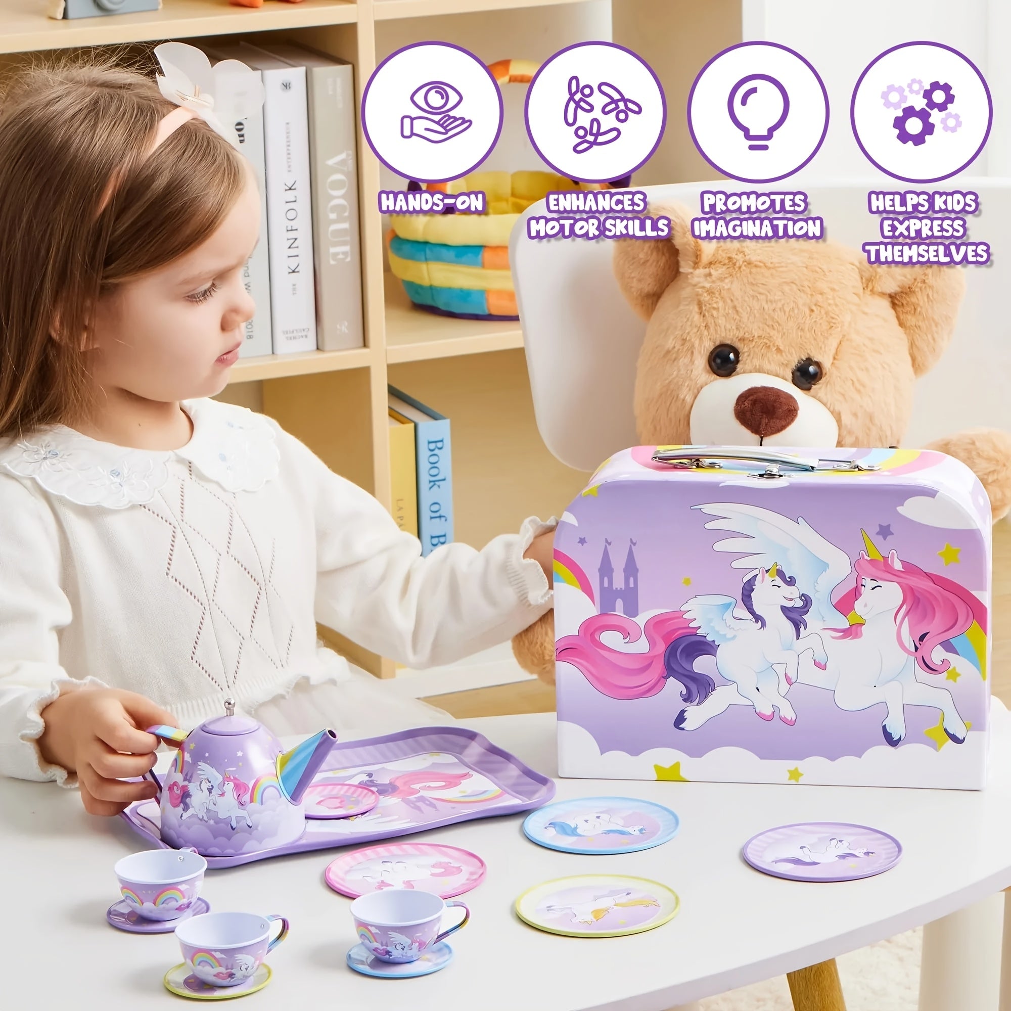 Unicorn Princess Tea Party Set For Little Girls: Purple Tin Teapot + Cups + Plates, Pretend Play Kitchen Toys For Kids, Perfect Easter/Birthday Gift For Kids Girls, Multi-Item Party Favor Packs For Children