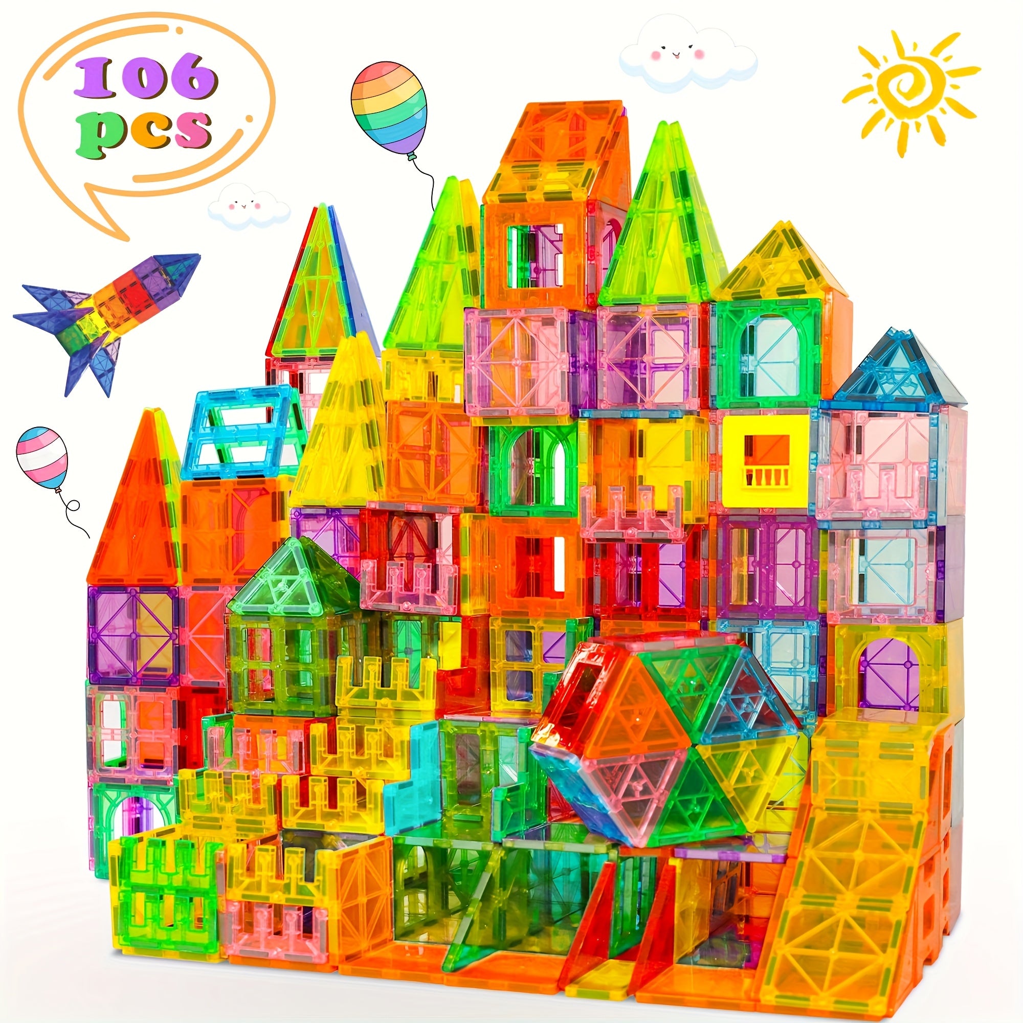 205/136/106/80pcs Magnetic Tiles Kids Toys, Magnet Building Tiles Clear Magnetic 3D Blocks, Creativity Beyond Imagination, Inspirational, Recreational, Educational Conventional, STEM Sensory Educational Toys, Birthday Christmas Gift For Kids Boys Gi