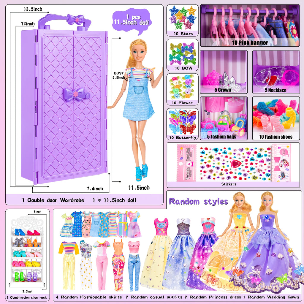 [Christmas Gift] Fashion 91pcs 11.5 Inch Girl Doll Clothes Additions And Closet, Princess Gowns, Fashion Dresses, Outfits, Swimsuits. Doll Dress Up Toys for Girls Kids Toddlers. Christmas Gift for Ages 3+