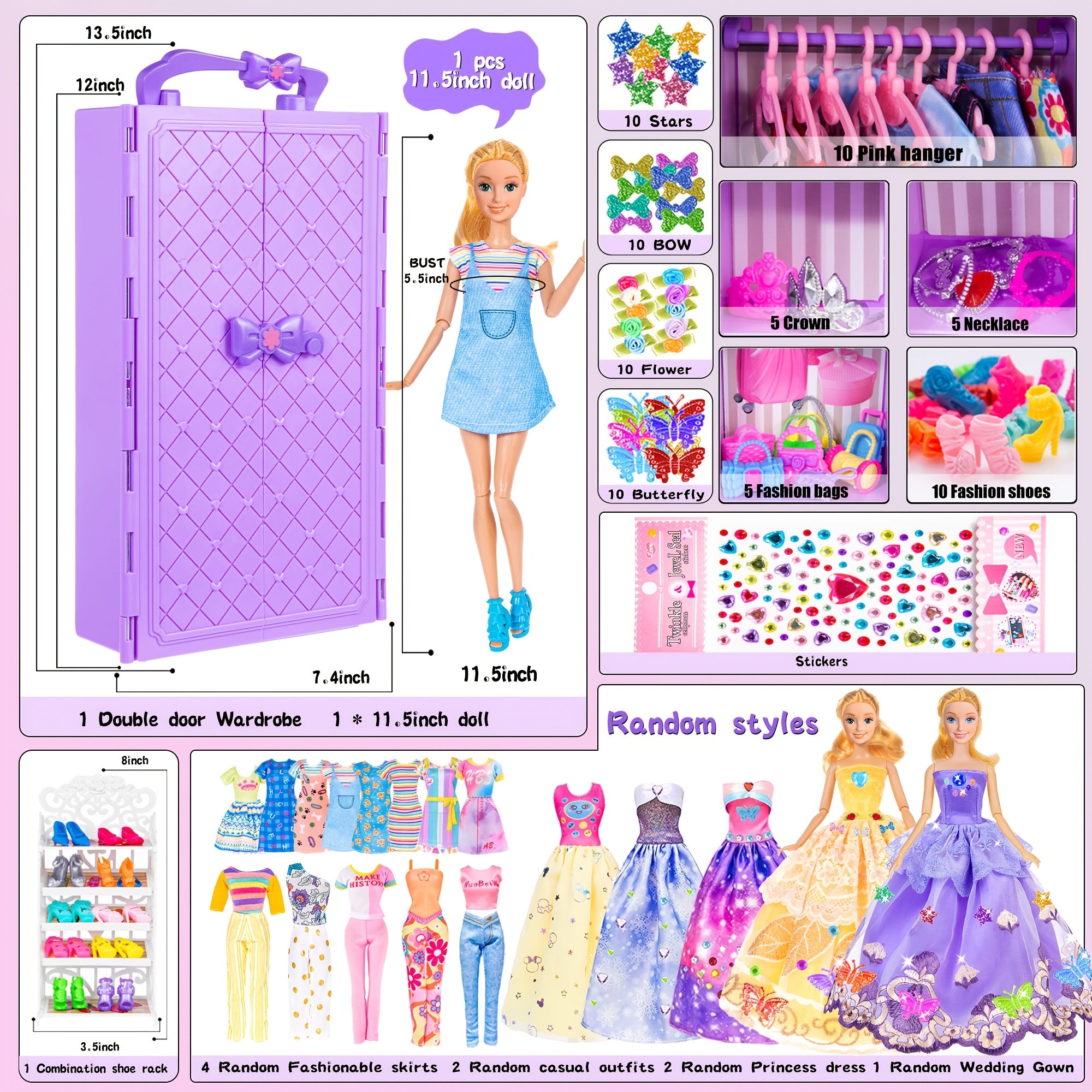[Christmas Gift] Fashion 91pcs 11.5 Inch Girl Doll Clothes Additions And Closet, Princess Gowns, Fashion Dresses, Outfits, Swimsuits. Doll Dress Up Toys for Girls Kids Toddlers. Christmas Gift for Ages 3+