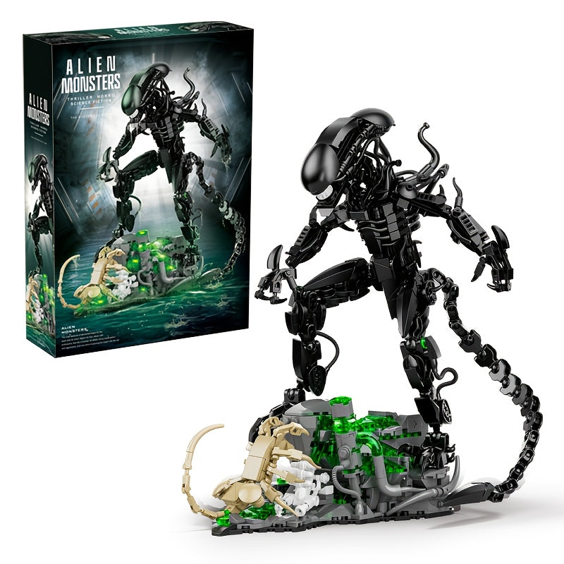 958+Pcs Cool Alien Building Block Set, Assembly of Sci-Fi Movie Battle Character Models in Black ABS, Christmas Gift