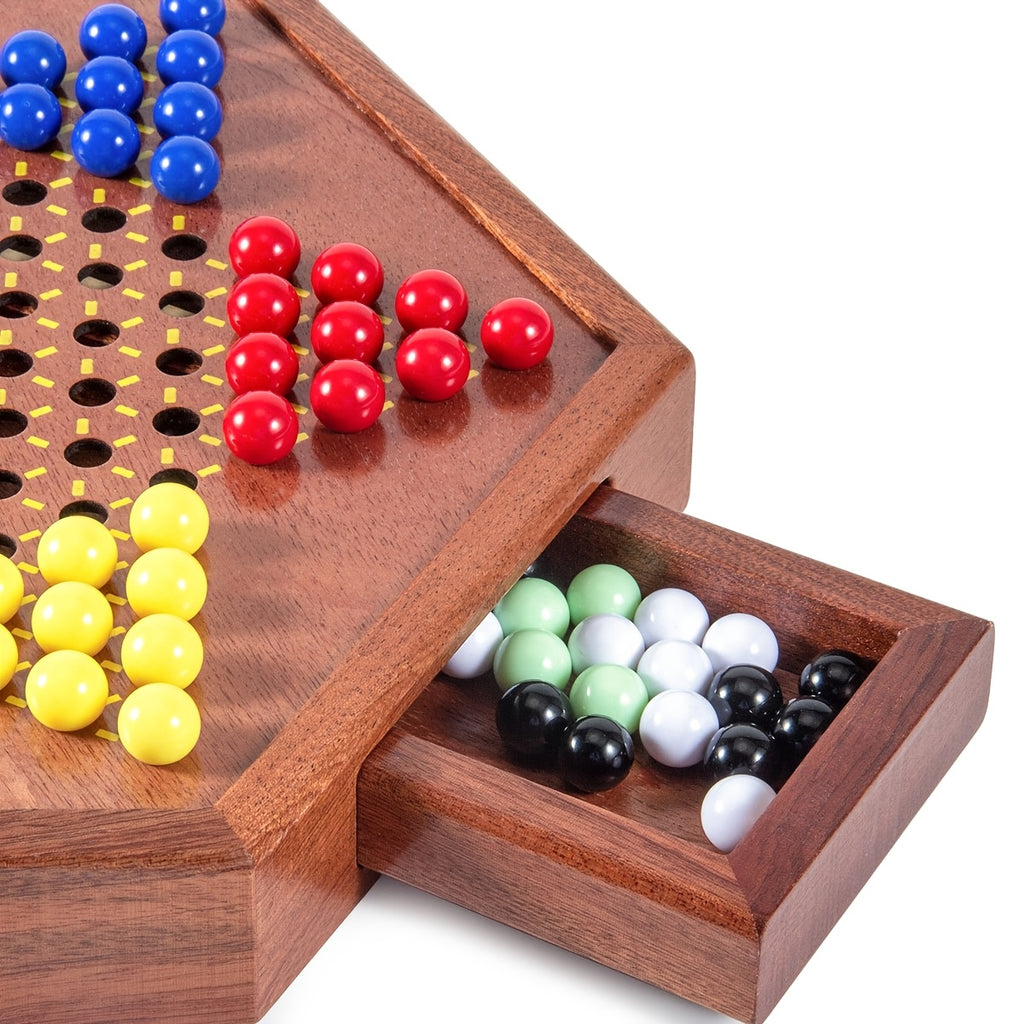 1 Set Deluxe Wooden Chinese Checkers Game - 12.5" Hexagonal Board with Storage Drawer, 60 Acrylic Marbles & 12 Spare - Classic Family Strategy Game for Home Gatherings - Perfect Gift for Family & Friends