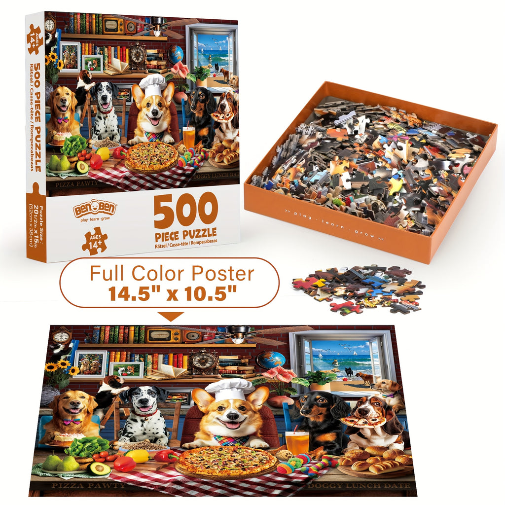 500PCS/1000PCS Dog Jigsaw Puzzles for Adults, Dogs' Dinner Party with Letters On Back, Funny Animal Puzzle, Relax Challenging Puzzles for Family Game Night, Home Wall Decoration Office Decor Men Women Birthday Gifts Thanksgiving Christmas Gift