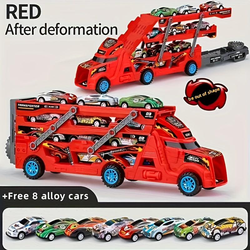 Red Transforming Launcher Truck Playset with 8 Alloy Cars - Foldable Storage Transporter Toy - Durable ABS Construction - Suitable for Ages 3+