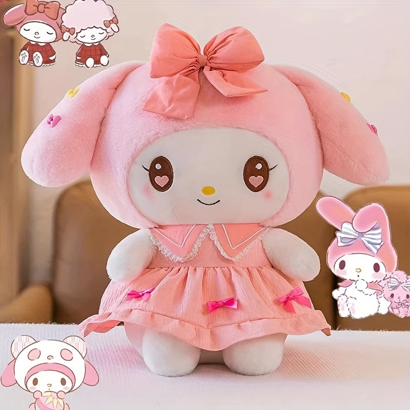 Sanrio Official Kuromi & Melody Plush Dolls in Princess Dress with Pink Bow & Ruffled Collar - Soft Collectible Stuffed Animals, Birthday/Christmas Gifts, Cute Kuromi & Melody Room Decor