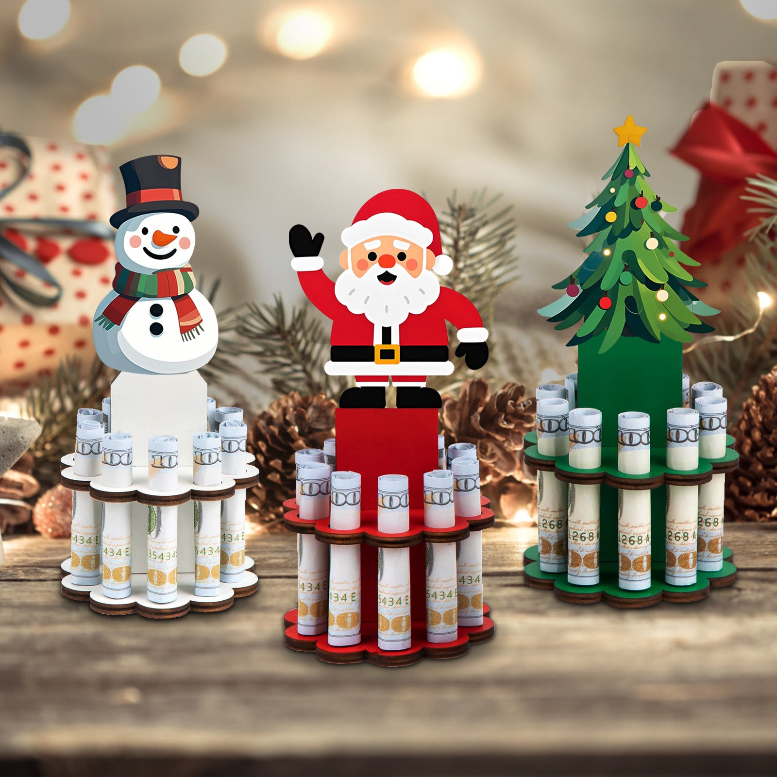 3SET Christmas Money Holder, Wooden Money Holders, Christmas Ornament Money Holder with 10 Holes, Money Dispenser Christmas Money Tree Table Decor for Winter Holiday Party Favors Supplies