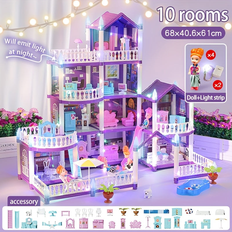 A Dollhouse Designed for Girls, Featuring 11 Rooms, Doll Figures, Puppies, Furniture, Additions, And LED Lighting, Making It an Ideal Playhouse Gift for Girls Aged 3 to 10