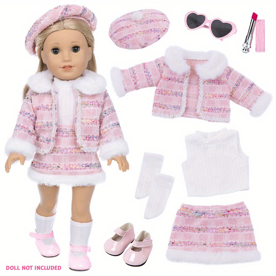 18Inch Baby Doll Knitted Clothes Outfits Include Hat Top Jacket Skirt Set 18inch America Doll Make Up Lipstick Toy Baby Doll Accessories Girl Playing House Games Gift, Birthday Gift, Play Favor, Christmas Present, Baby Doll & Reborn Doll Accessories