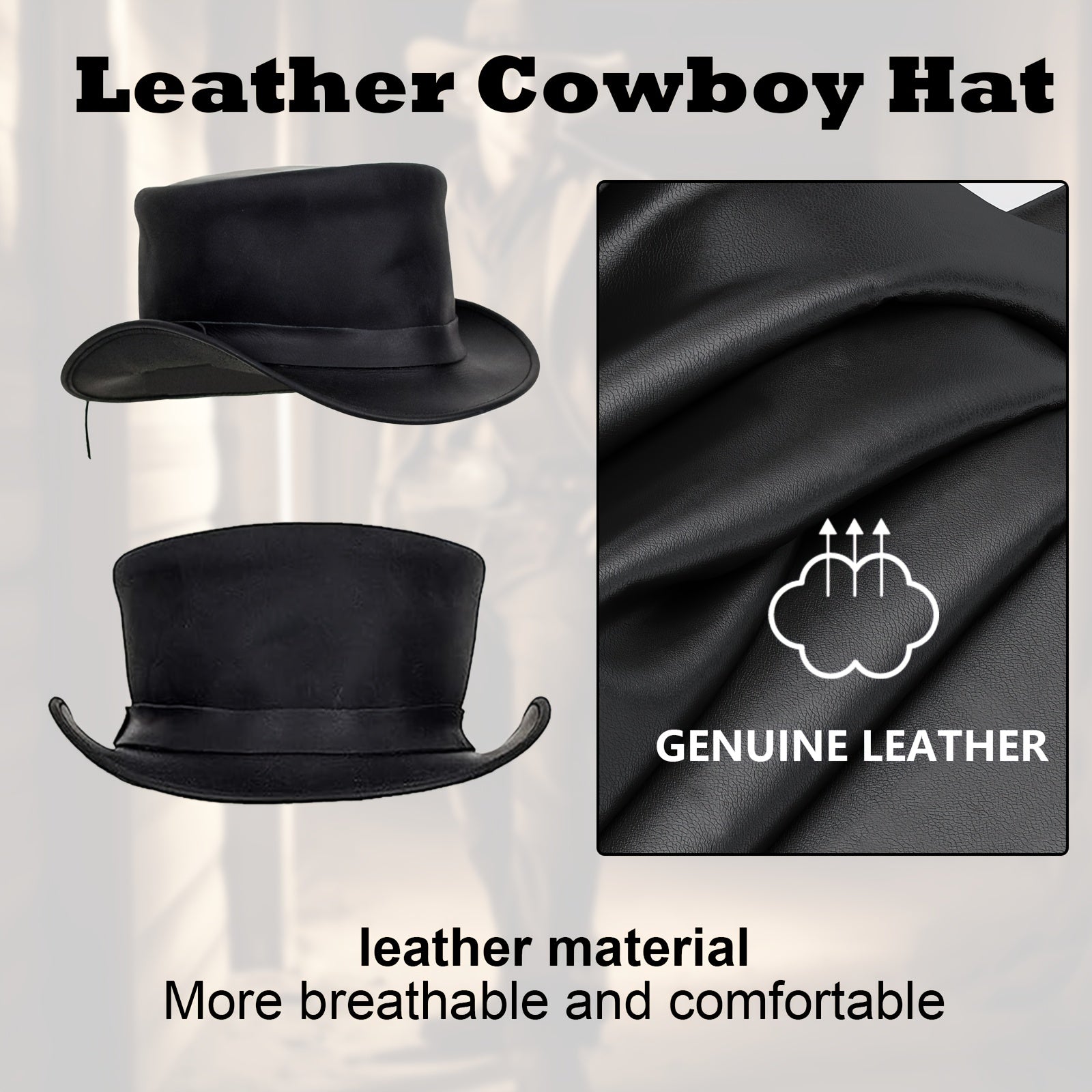 [Genuine Leather Top Hat] Genuine Leather Top Hat - Stylish Gentleman Hat, Adjustable Shapeable Brim, Halloween Costume Topper, Steampunk Hat for Adult, Short Deadman Tophat, Motorcycle Riding Hat, Fashionable Hat for Women and Men