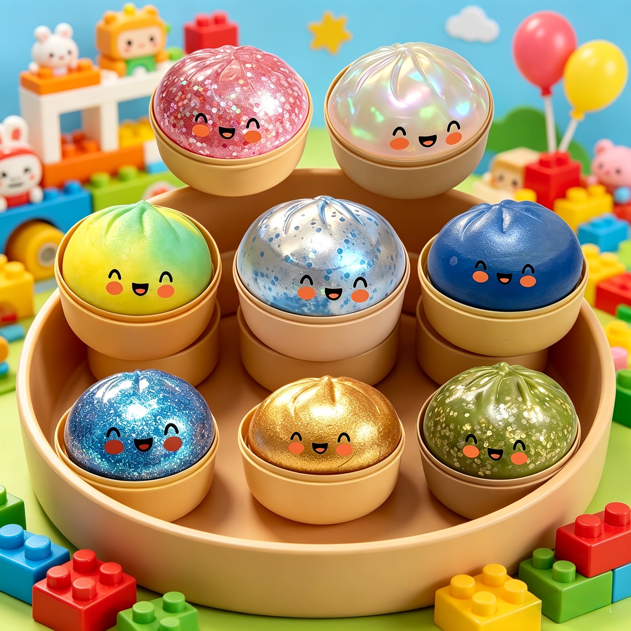 Multi-Item Party Favor Pack, 3 pcs Glitter Dumpling Squishy Stress Balls, 2026 Upgrade Glitter Dumpling Squishy Box, Fidget Sensory Toy, Colorful Dumplings, Stocking Stuffers with Steamer Stretchy Desk Toys, Random Colors
